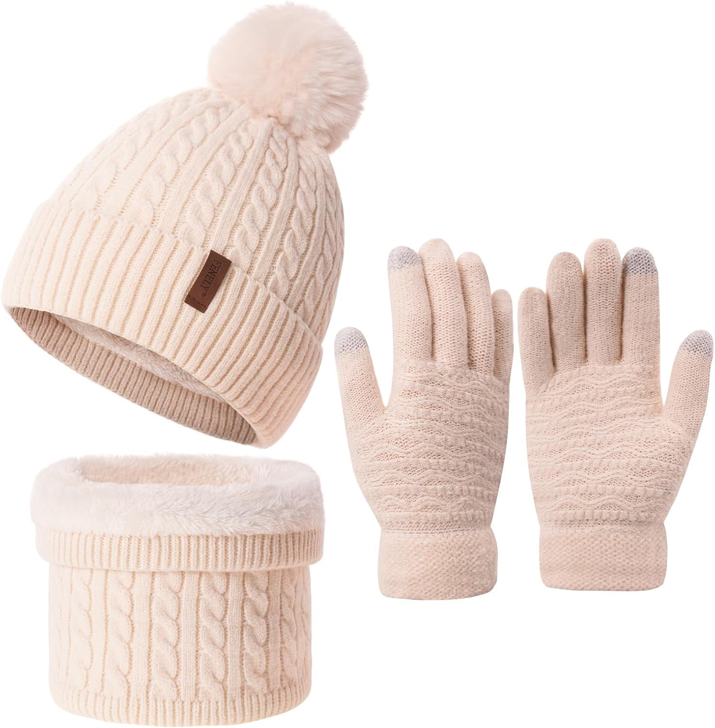 3Pcs Winter Women Beanie Hat Scarf and Touch Screen Gloves Sets Girls Classic Knit Warm Chunky Fleece Lined Cable Cap